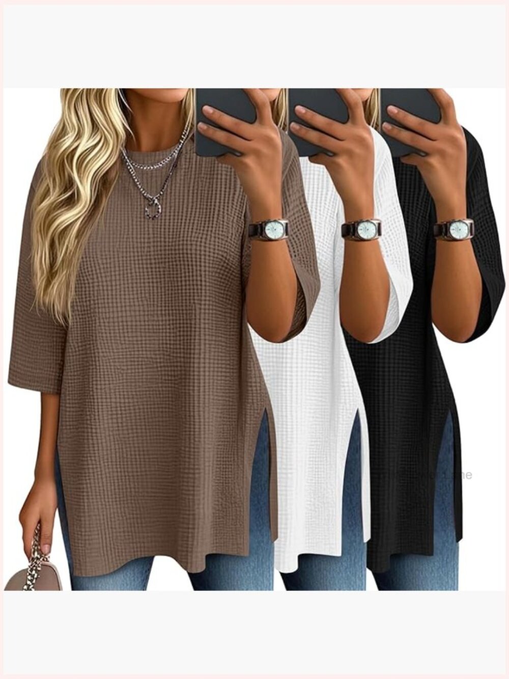 3 Pack 3/4 Sleeve Waffle Knit Tops Loose Fit Crewneck Tees Side Split Blouses